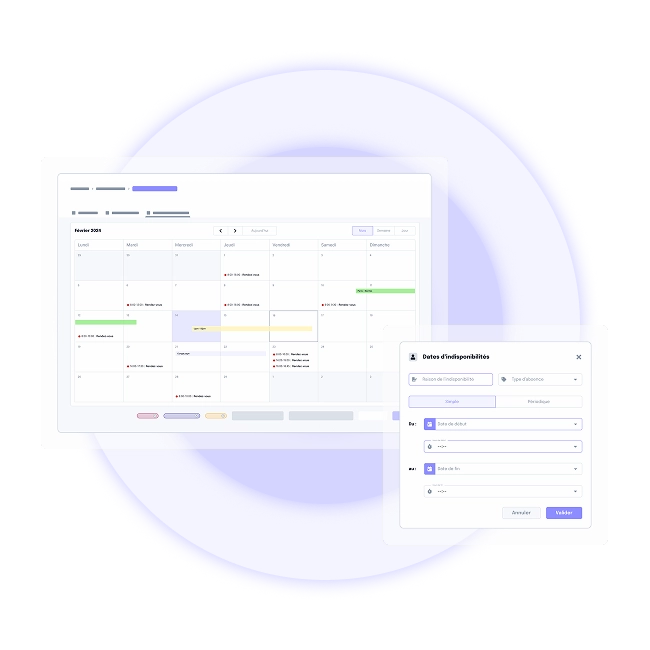 Vue du planning des chauffeurs dans LogiSync avec gestion des indisponibilités et congés directement intégrée au calendrier.