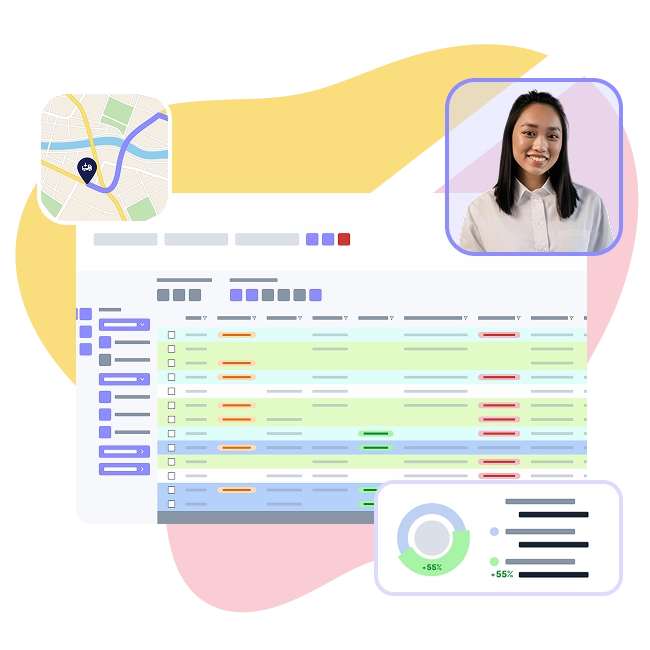 Interface du TMS Logi-Sync avec une grille de données colorée, des indicateurs de performance et une carte de localisation.
