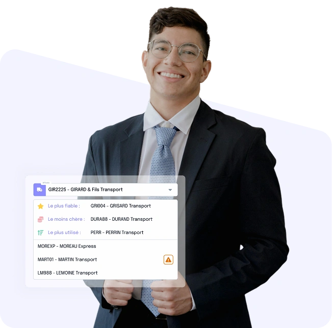 Affréteur consultant une liste de transporteurs avec des indicateurs de fiabilité, coût et fréquence d’utilisation dans le TMS LogiSync.