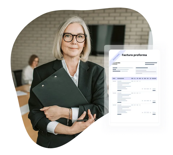 Portrait d’une responsable logistique, accompagné d’un visuel représentant une facture proforma issue du module de facturation LogiSync.